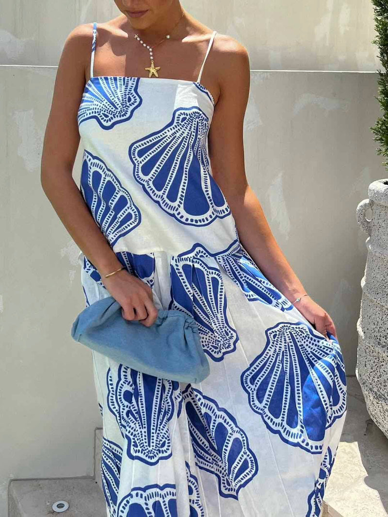 Holiday Ocean Shell Print Sling Maxi Dress