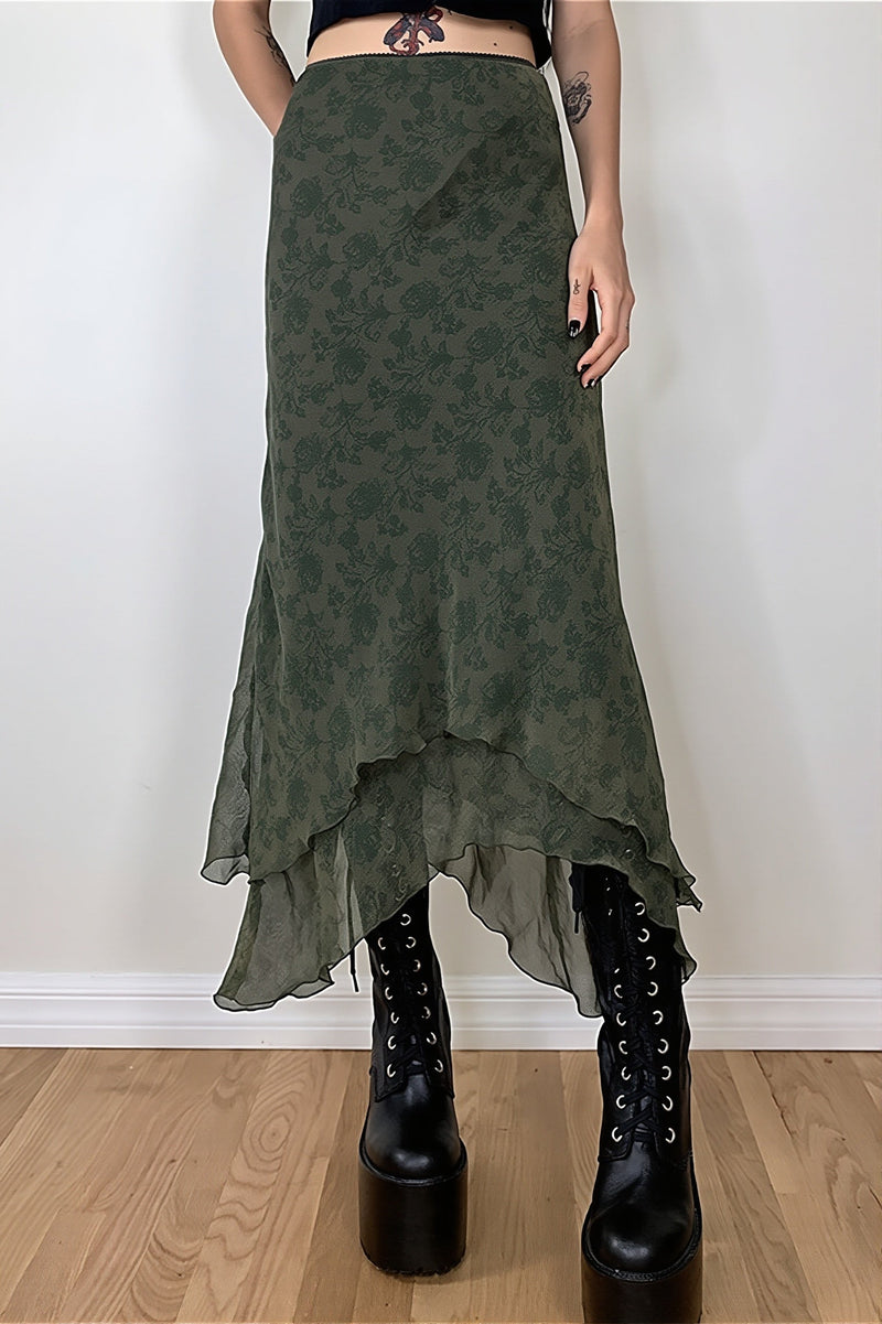 Green Chiffon Irregular Maxi Skirt