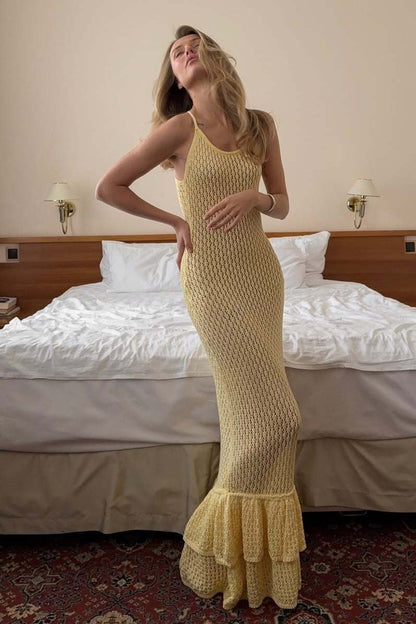 Ruffle Knit Cutout Sheer Cami Maxi Dress