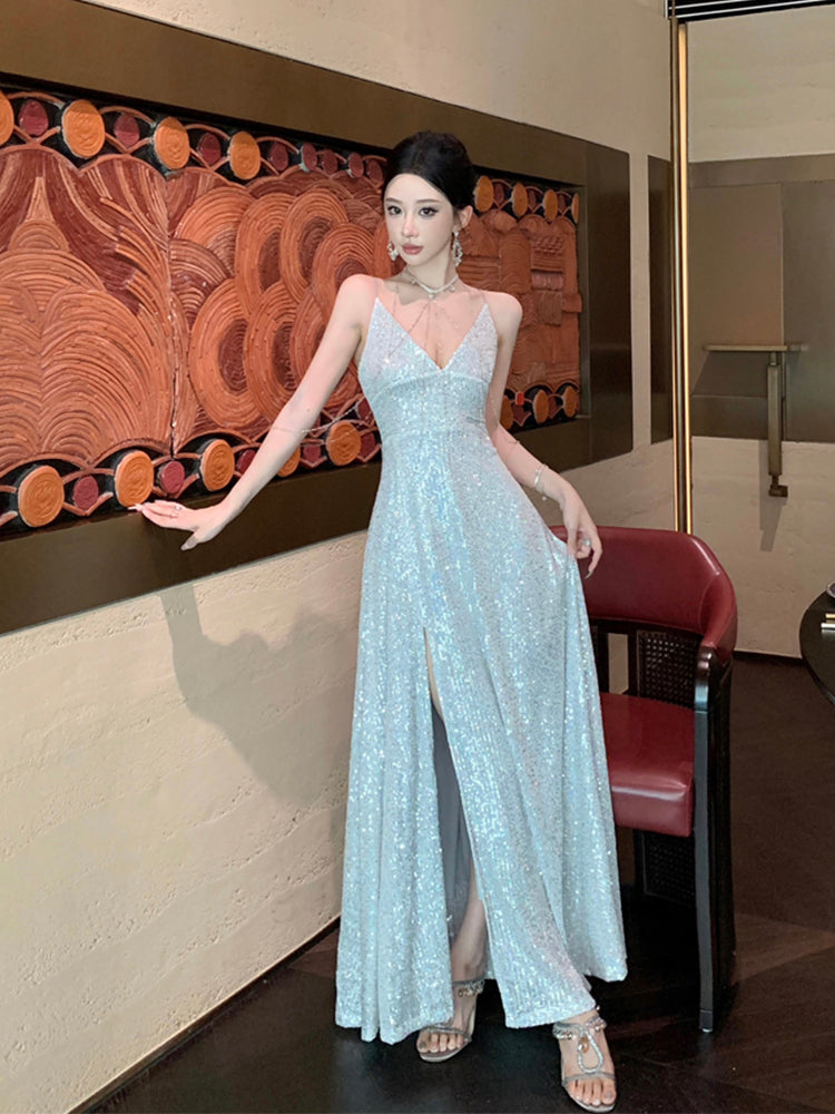 Sequin Silver Maxi Dress Birthday & Evening Gown