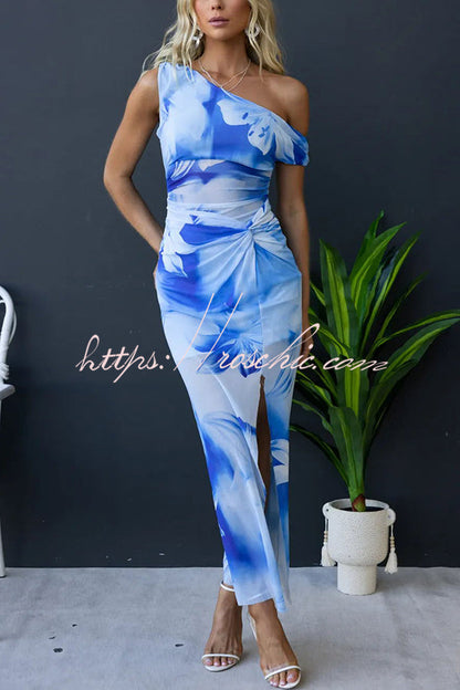 Escala Mesh Overlay Print One Shoulder Cross Detail Slit Stretch Maxi Dress