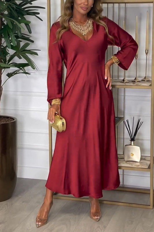 Color V-neck Long-sleeved Loose Draped Maxi Dress
