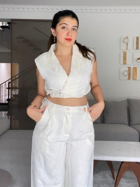 Jacquard Crop Waist Coat & Pants Coord Set