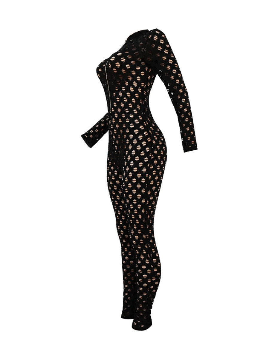 Sxy See Through Zipper Design Pierced Skinny Jumpsuit Bo2135