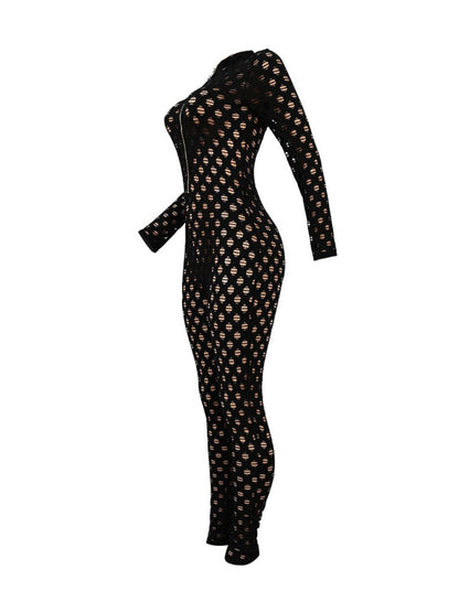 Sxy See Through Zipper Design Pierced Skinny Jumpsuit Bo2135