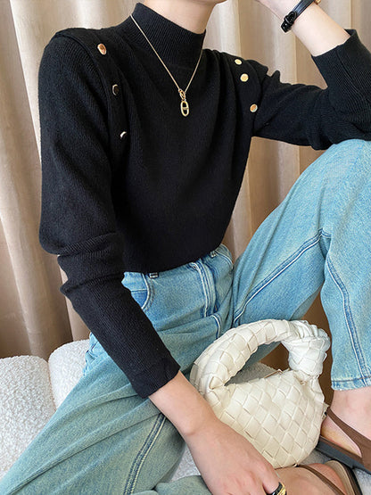 Grey High-neck Buttoned Decor Long Sleeve Knit Sweater An1050