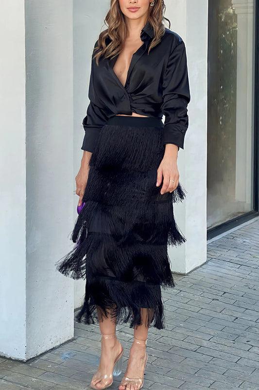 Color High Waist Elastic Waist Pleat Fringed Skirt