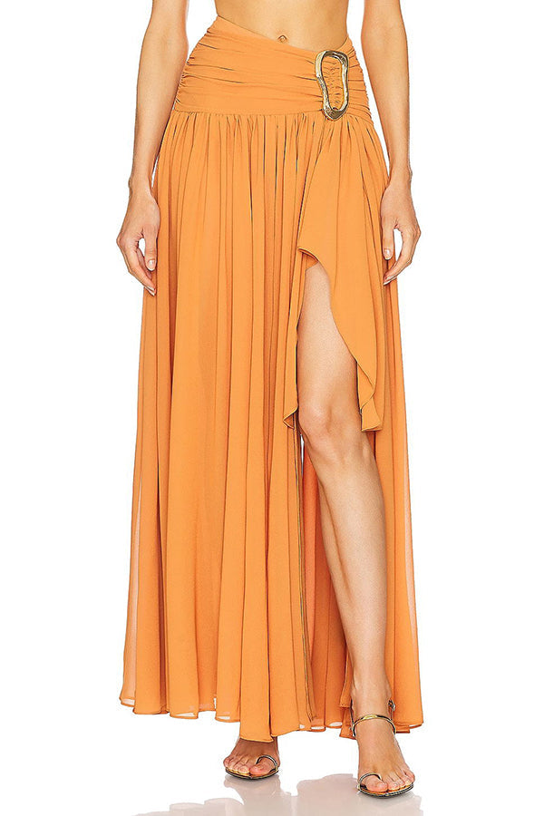 Vacation Chiffon High Rise Flowy Asymmetrical Drape Maxi Skirt