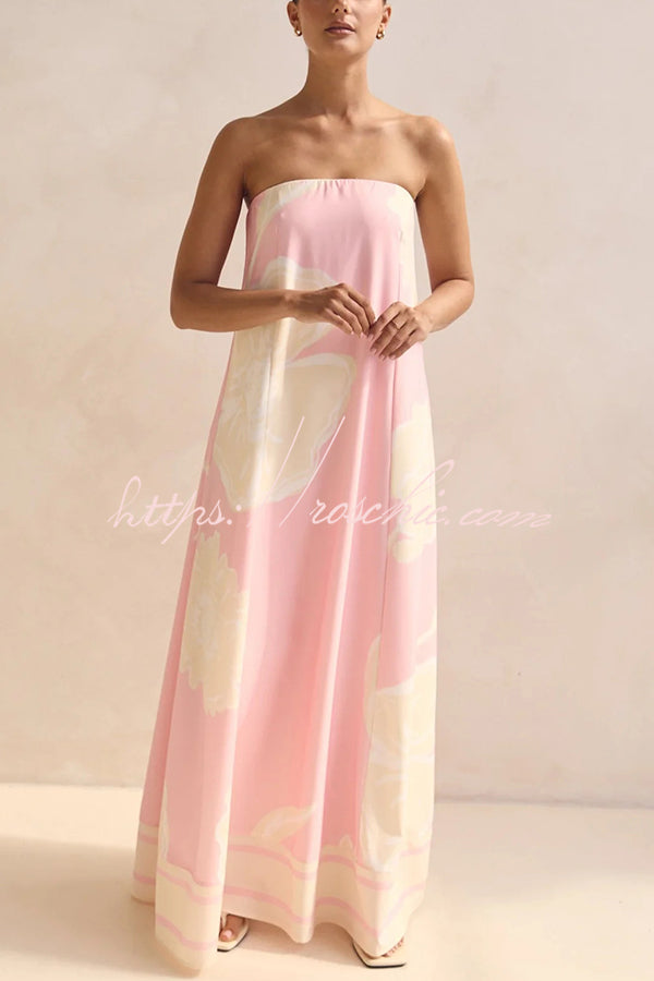 Unique Print Tube Top Back Zipper Loose Maxi Dress