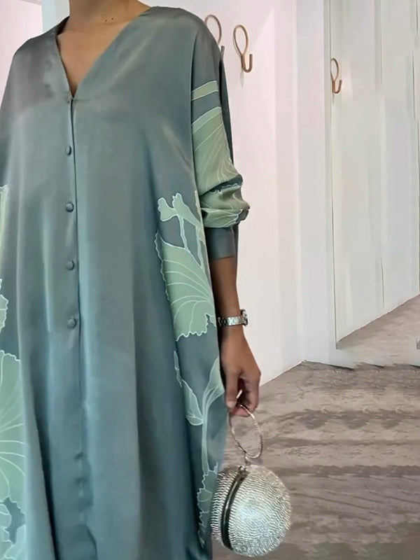 Long Sleeves Buttoned Contrast Color Flower&leaves Print Muslim V-neck Maxi Dress