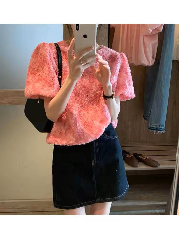 Round Neck Gradient Pink Puff Sleeve Blouse