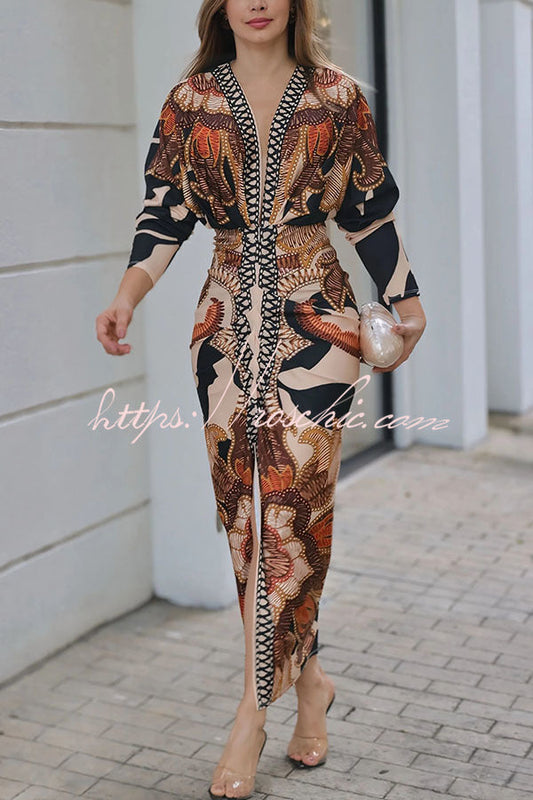 Verra Unique Print Dolman Long Sleeve Ruched Slit Midi Dress