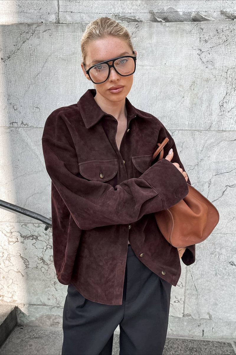 Brown Suede Loose Blazer Coat