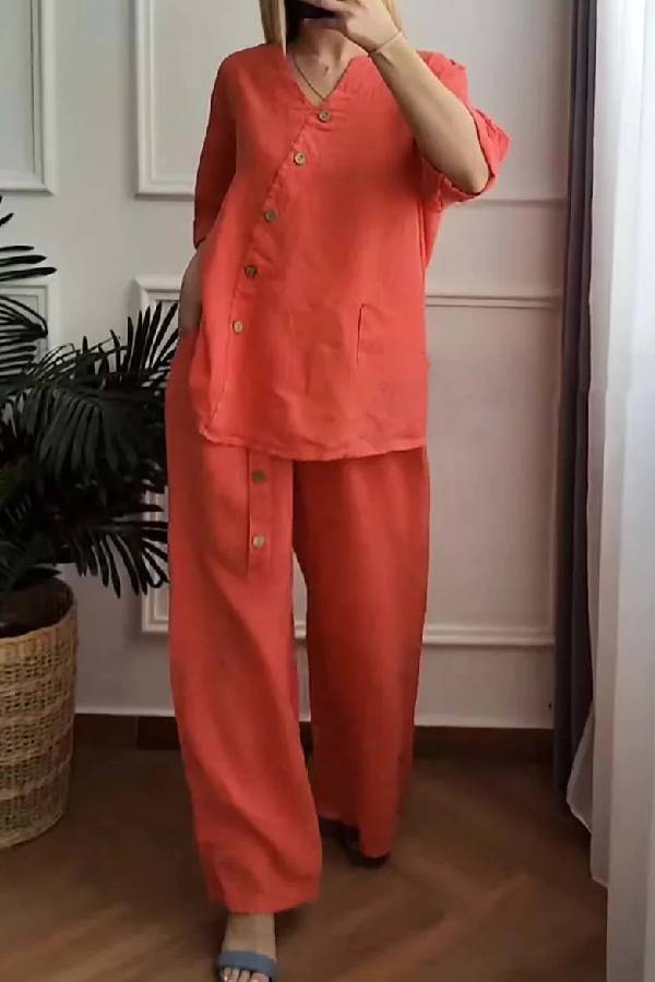 Color Cotton and Linen Cropped Top \u0026 Wide Leg Pants Two-piece Set