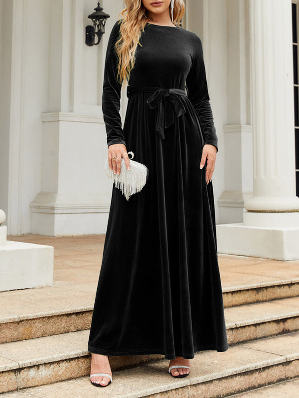Long Sleeves Wrap Belted Pleated Color Zipper Round-neck Maxi Dresses