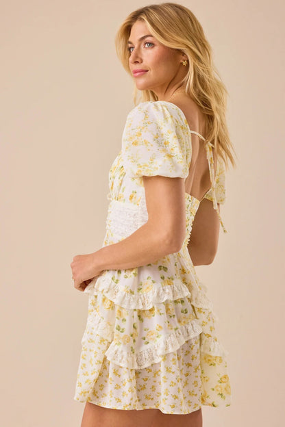 Lace Patchwork V Neck Puff Short Sleeve Mini Dress