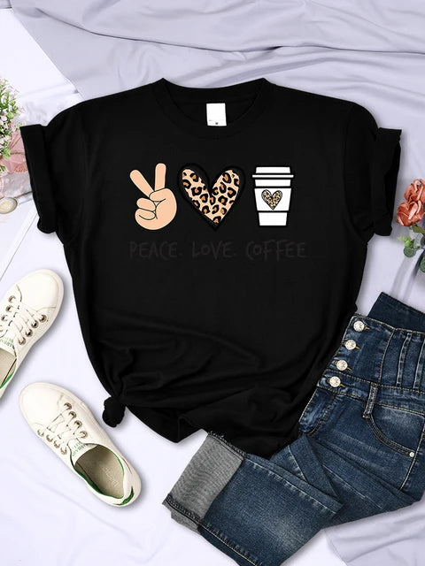 Peace Love Coffee Prints Tshirts Cotton T-shirts Brand Breathable Tees Shirts Street O-neck Tshirt for