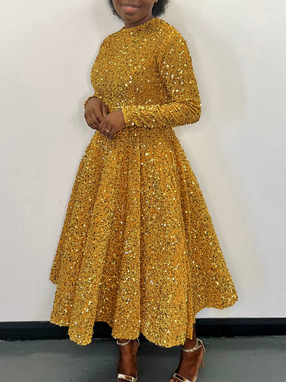 A-line High Waisted Sequined Split-joint Zipper Round-neck Maxi Dresses