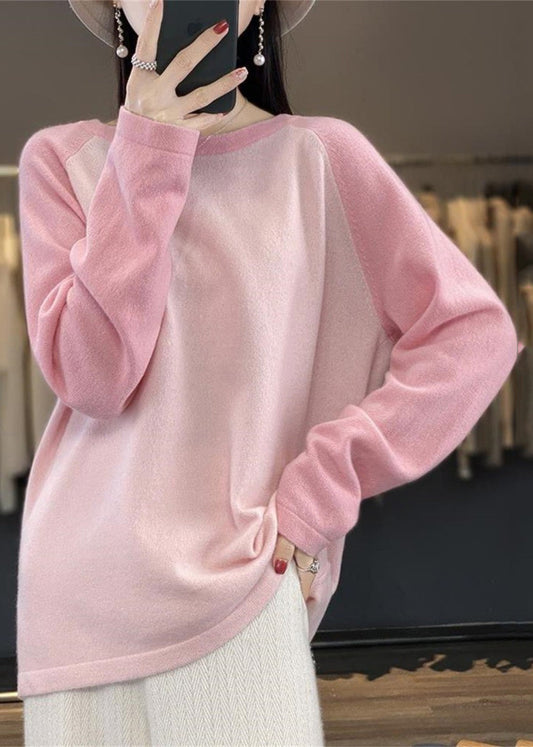 Pink O-neck Patchwork Wool Knit Sweaters Top Fall Qp011