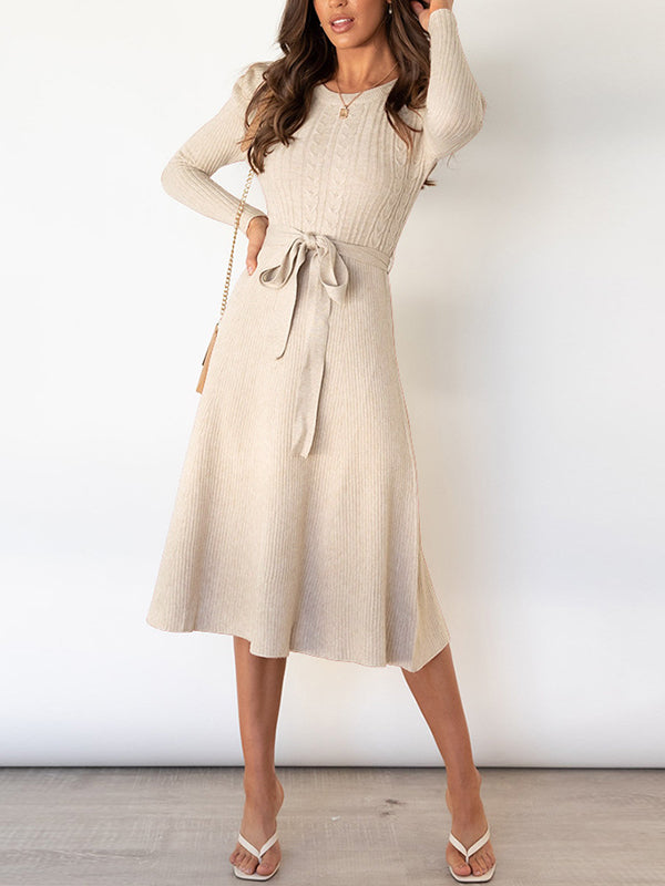 High Waisted Long Sleeves Color Tied Waist Round-neck Midi Dresses Sweater Dresses