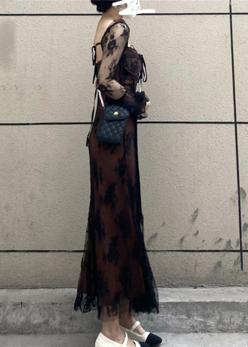 French Black Square Collar Patchwork Lace Long Dress Flare Sleeve Az1028