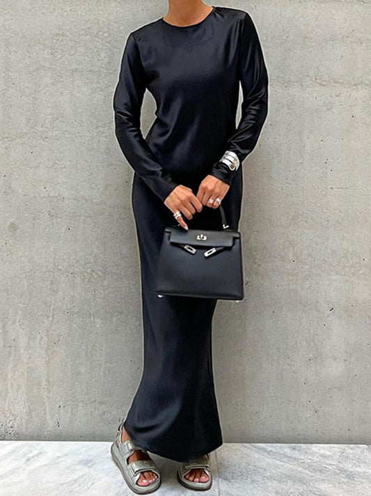 Loose Long Sleeves Color Round-neck Maxi Dresses