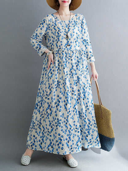 Long Sleeves Loose Flower Print Split-joint Round-neck Midi Dresses