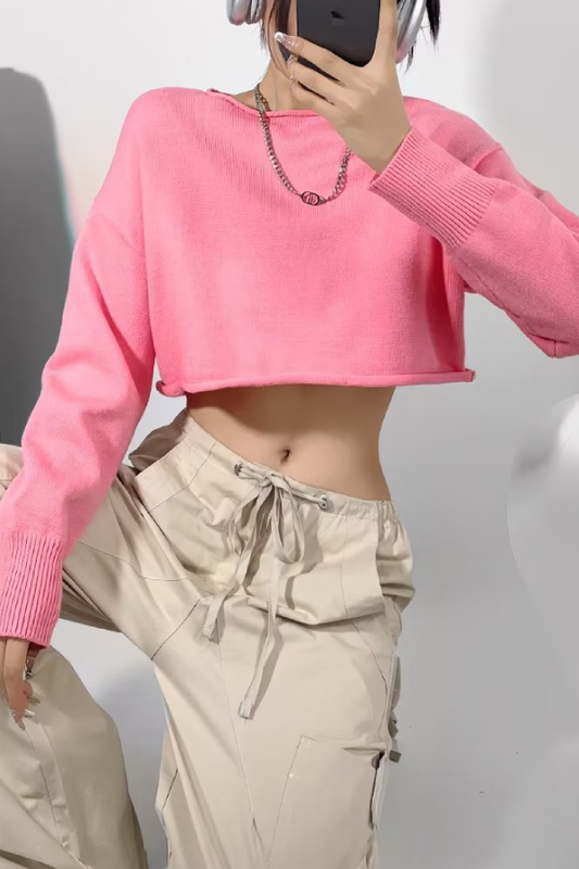 Round Neck Color Loose Long Sleeve Super Short Knitted Sweater
