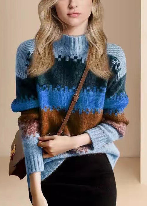 Loose Blue O Neck Thick Patchwork Knit Sweater Winter Wv033