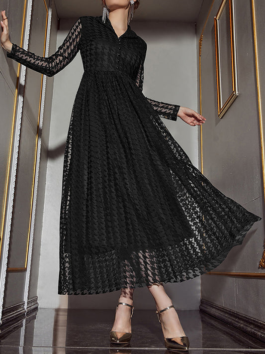 High Waisted Long Sleeves Buttoned Gauze See-through Color V-neck Maxi Dresses