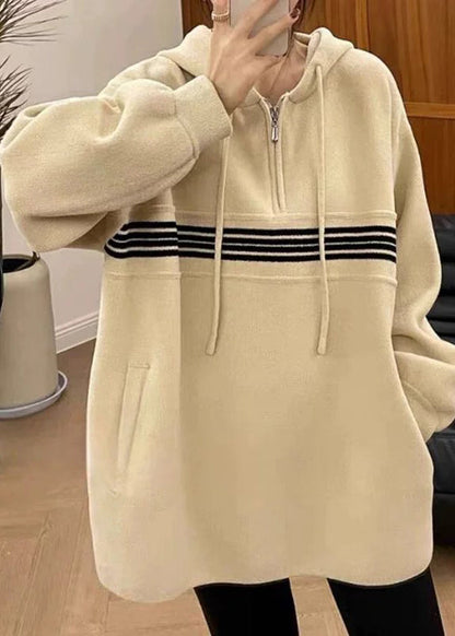 Apricot Hooded Zippered Pockets Sweatshirt Fall Qx031