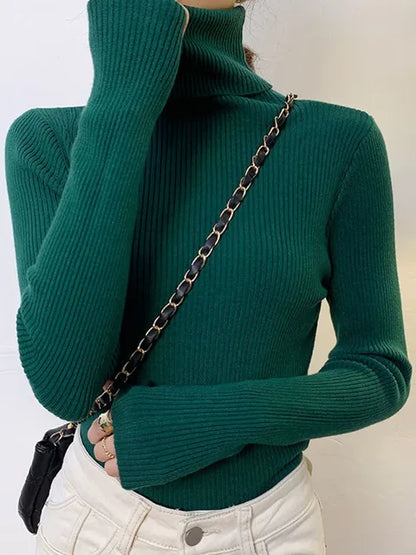 New Pullover Turtleneck Sweater Autumn Long Sleeve Slim Elastic Korean Simple Basic Jumper Color Top