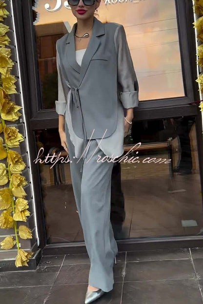 And Chiffon Patchwork Irregular Lace-up Jacket and Pocketed Straight-leg Pants Set