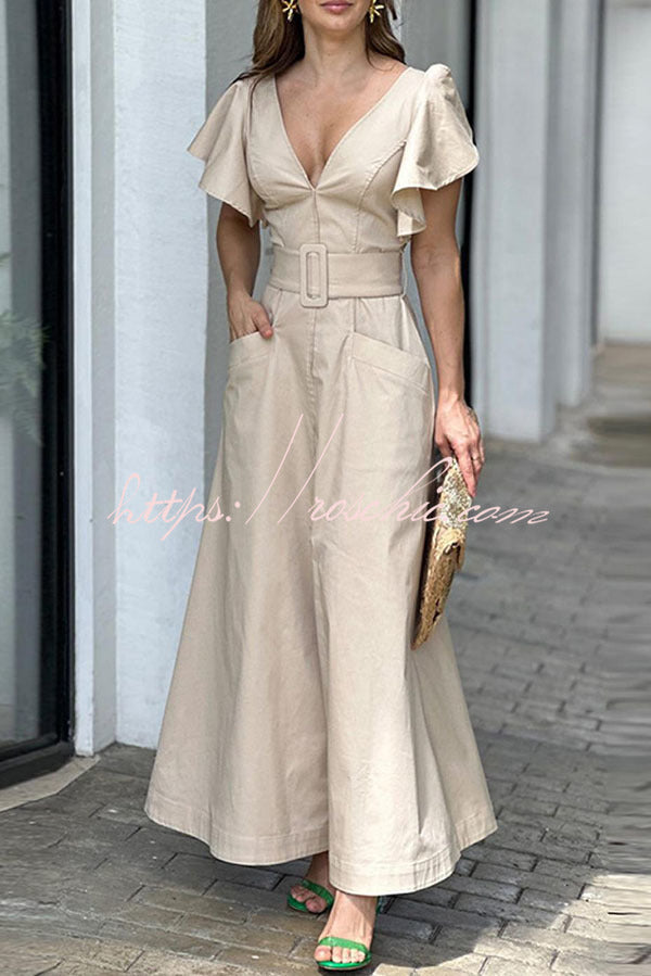 Ruffle Sleeve V Neck High Waist Pocket Maxi Dress