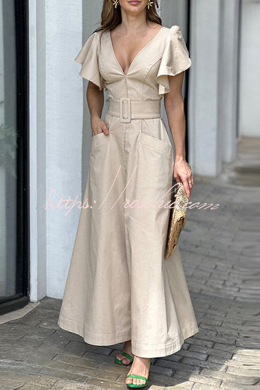 Ruffle Sleeve V Neck High Waist Pocket Maxi Dress