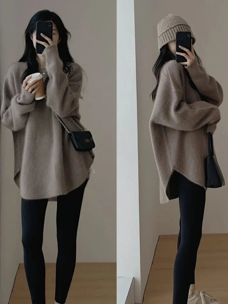 Oversized Knitted Sweater Autumn Winter O-neck Korean Mid Length Loose Pullover Knitwear Top