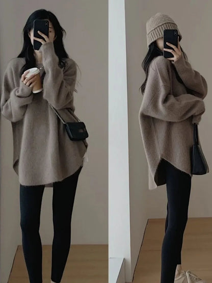 Oversized Knitted Sweater Autumn Winter O-neck Korean Mid Length Loose Pullover Knitwear Top