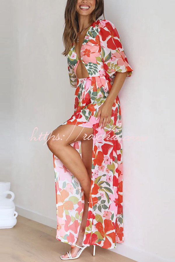 Del Mare Puff Sleeve Front Cutout High Low Maxi Dress
