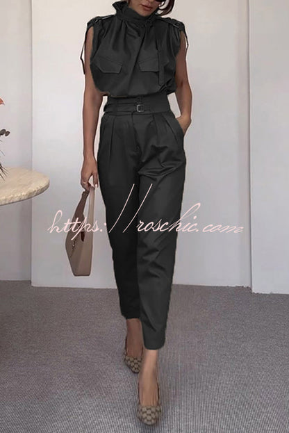 Statement Breast Pocket High Neck Top and Side Pocket Belt Long Pant Set