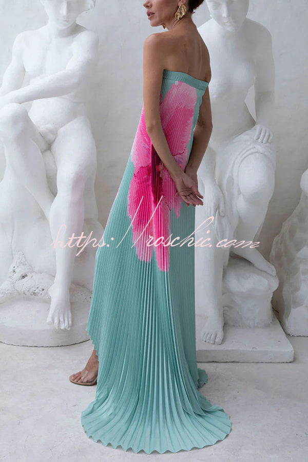 All About Her Pleated Print Off Shoulder A-line Maxi Dress