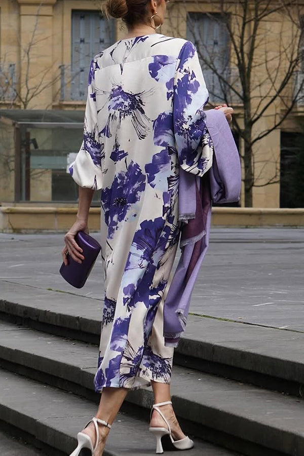 Satin Print V-neck Midi Dress