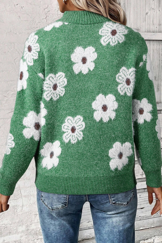 Green 60s Pattern Half Zip Collar Drop Shoulder Sweater