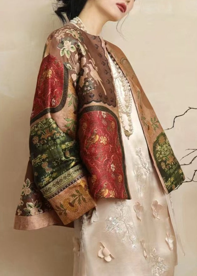 Chinese Style Yellow O-neck Print Silk Coats Spring Tw026