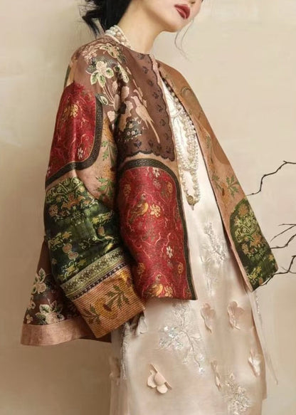 Chinese Style Yellow O-neck Print Silk Coats Spring Tw026