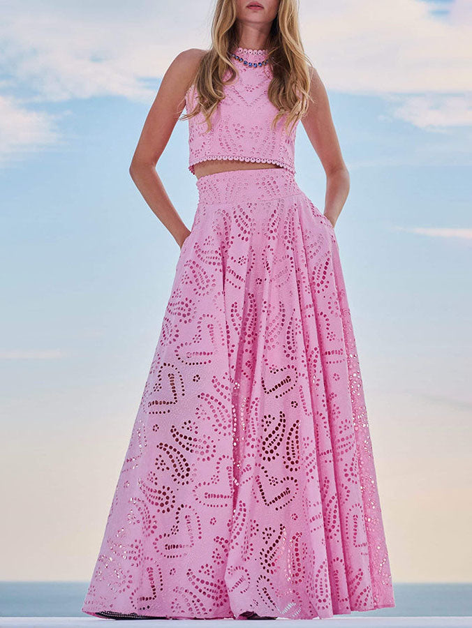 Exquisite Embroidered Hollow Lace Long A-line Skirt