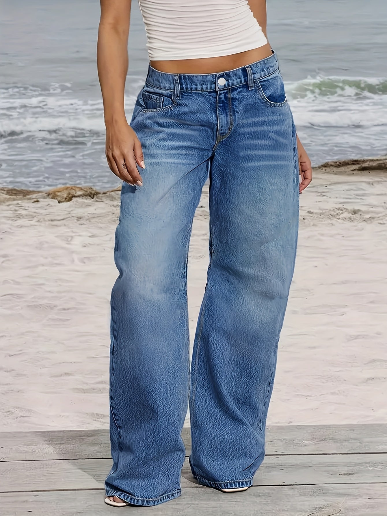 ' Loose Denim Pants, Mid Waist Straight Leg Pants, Convenient Machine Wash, With Pockets