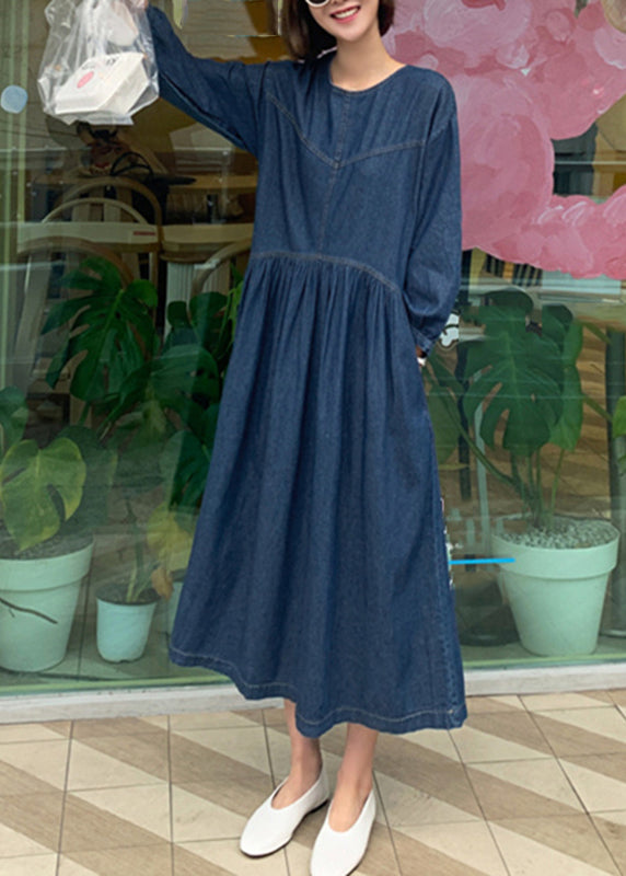 Denim Blue O-neck Wrinkled Patchwork Long Dress Spring Tt1049