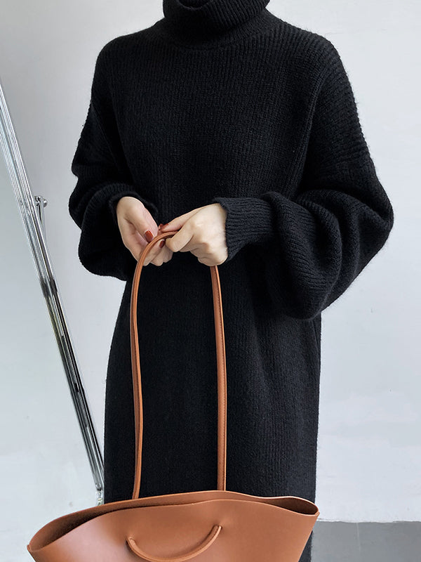 Urban Loose Purple High-neck Long Puff Sleeve Sweater Dress An1052
