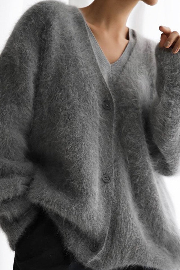 V Neck Soft Mink Fleece Loose Knit Cardigan
