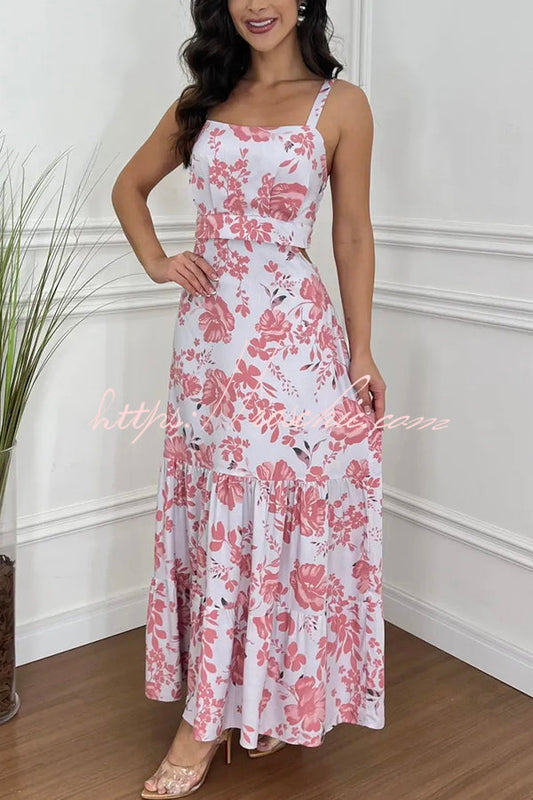 Charm Print Cutout Back Smocked Maxi Dress